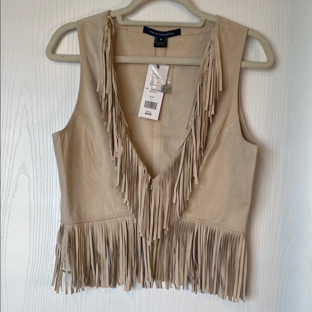 French Connection Tan Fringe Suede Sleeveless Vest - M